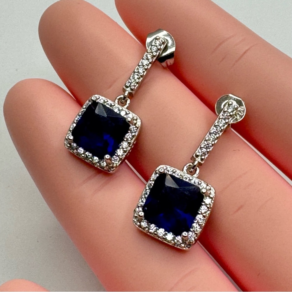 Silver Blue Crystal Drop Earrings Square Halo Dangle Elegant New - Picture 7 of 9